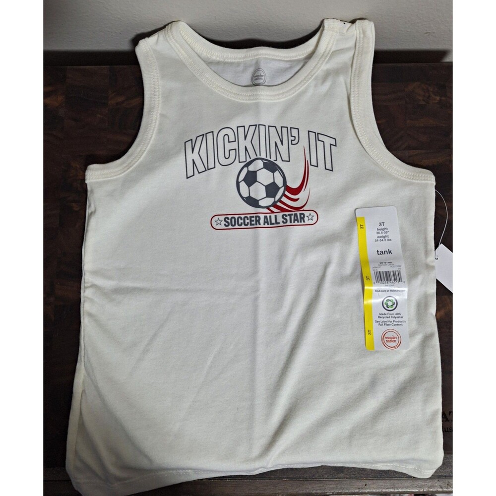 Wonder Nation 3T White Sleeveless Tank Top Crew Neck Soccer Graphic Pullover
